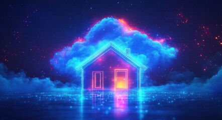 Futuristic digital smart home network concept with neon cloud and house icons, depicting innovative technology.