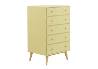 Isolated yellow bedroom chest of drawers with five drawers and round wooden handles studio shot