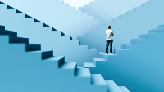 Confused man on a staircase surrounded by more steps from all sides, struggling to reach the top, challenge, ambition - 3d render