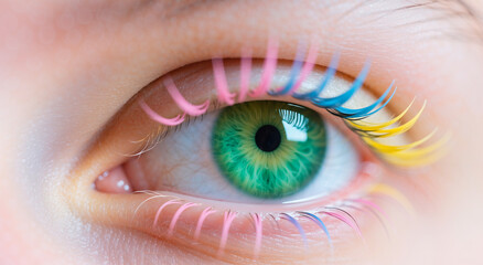 Extreme Close-up of Eye with Multi-Colored Eyelashes
