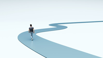 Man walking on a long winding path representing opportunities, ambition, motivation, perseverance, determination, and the ongoing journey toward success and growth - 3d render