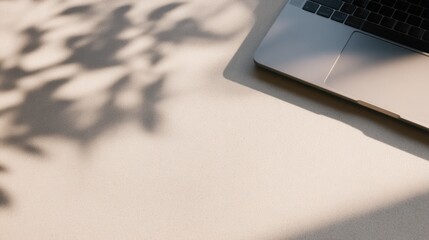 A sleek laptop resting on a minimalist desk with soft shadows from nearby foliage, creating a serene workspace