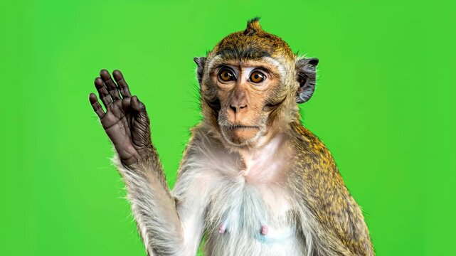 Adorable Macaque Monkey Waving Hello on Green Screen.