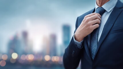 Businessman Adjusting Tie Against Urban Background with Blurred Cityscape, Representing Professionalism, Confidence, and Corporate Culture in Modern Environment