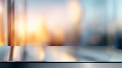 Abstract blurred background with soft colors, showcasing a reflective surface and cityscape at sunset