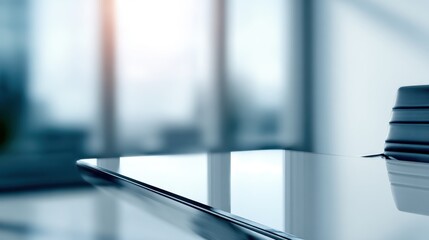 Modern office workspace featuring a sleek glass table and a stylish chair, with blurred cityscape in background