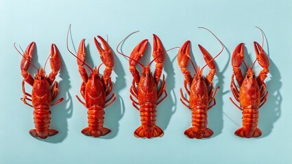 Five cooked red crawfish are arranged in a row on a light blue background, casting shadows.