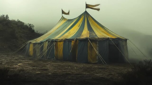 Yellow and green striped circus tent amidst foggy landscape
