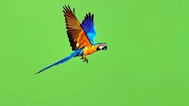 Blue and Yellow Macaw Parrot Flying Gracefully on a Green Screen Background.