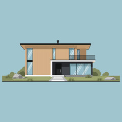 flat color of modern residential house building with large glass panels brown facade and small front yard with shrubs and rocks
