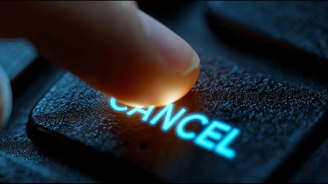 Finger Pressing Glowing Cancel Button on a Dark Keyboard