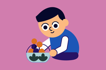 Fototapeta premium Cartoon boy holding basket of fruit with happy expression