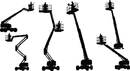 Boom lift silhouette, aerial work platform, cherry picker vector, construction equipment, elevated worker, industrial machinery, maintenance, safety, crane, basket © Creatives World