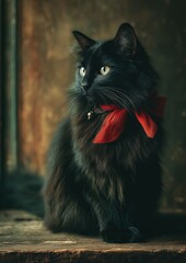 Black cat surrounded by red Christmas decorations.