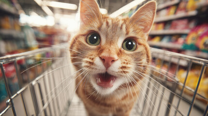 Close-up of an excited ginger tabby cat inside a shopping cart in a supermarket aisle, captured with a wide-angle lens for a comical and engaging perspective.