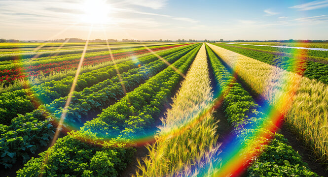 Rainbow spectrum over diverse agricultural field with crop rows. Rural landscape with wheat, vegetables, and multiple cultivation varieties. Sustainable farming, rotation, biodiversity, and natural
