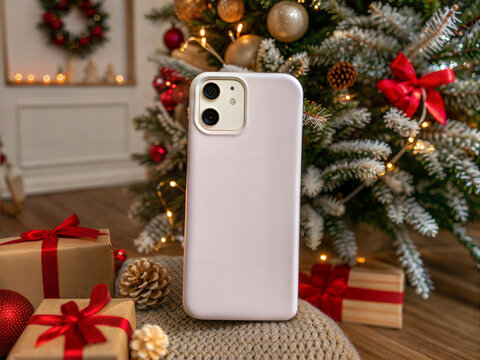 Christmas iPhone Case Mockup Standing on Gift Table &ndash; Holiday Scene with Tree & Presents