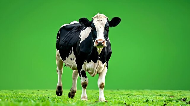 Black and White Dairy Cow Walking on a Green Screen Background.