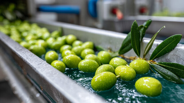 Green olives on a conveyor belt in a food processing factory.