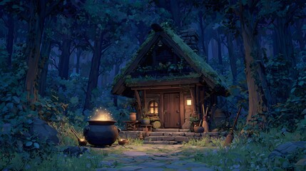 Witch&rsquo;s hut deep in the forest, bubbling cauldron glowing through the window, broomsticks leaning on the porch