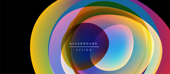 Fototapeta premium Abstract colorful layers create dynamic circular design. Center text reads background design. Vivid hues blend, forming modern visual.