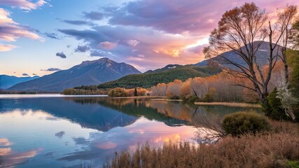 Scenic lake and mountain landscape at sunset, with colorful sky reflecting on water, concept for nature or outdoor beauty.