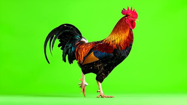 Majestic Rooster Struts Across a Vibrant Green Background.