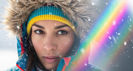 Smiling woman in colorful knit beanie and fur trimmed winter jacket during snowy season. Portrait with natural beauty, fresh skin and cheerful expression. Fashion lifestyle, outdoor recreation