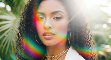 Beautiful woman with curly hair and gold jewelry in tropical setting with palm leaves. Natural beauty portrait with rainbow light prism effect. Elegant summer lifestyle, exotic glamour and radiant