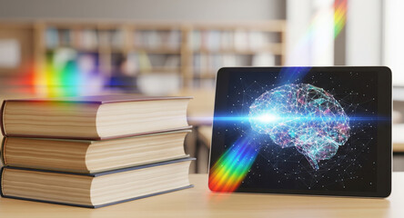 Digital brain hologram on tablet screen with stacked books on wooden desk. Artificial intelligence meets traditional education, neural network visualization combines machine learning technology