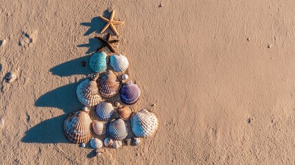 Seashell Christmas tree, on sandy beach with starfish, top view, copy space
