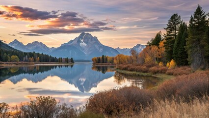 Serene lake and mountain landscape with autumn foliage, sunset sky reflecting on water, concept for nature or seasonal beauty.