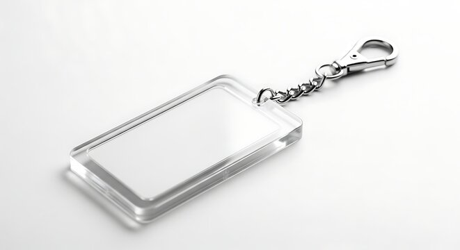 Clear Acrylic Keychain with Metal Clasp on White Background, Studio Shot.