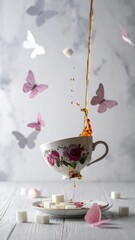 Teacup That Pours Upside Down Concept In Floating Composition