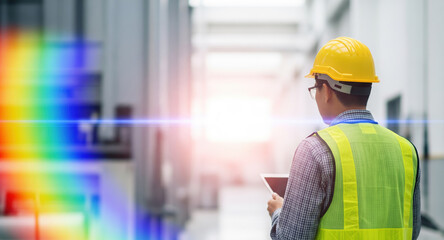 Construction engineer in yellow hardhat and safety vest holds tablet at building site. Industrial worker inspects development project with colorful rainbow light spectrum effect. Professional