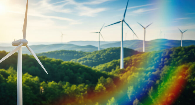 Wind turbines generate renewable electricity across forested mountain landscape with rainbow light spectrum overlay. Clean energy farm, sustainable power production infrastructure, green technology