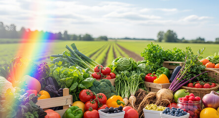 Fresh organic vegetables and fruits in wooden crates with agricultural field background. Colorful harvest produce includes tomatoes, peppers, broccoli, lettuce, berries for healthy nutrition, farm