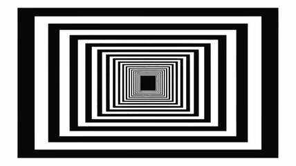 Black and white square tunnel optical illusion with diminishing perspective to a central square point
