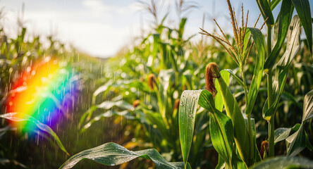 Fresh corn plants in agricultural field during summer rain with natural rainbow light effect. Water droplets on green maize leaves and tassels. Rural farming landscape with sunlight breaking through
