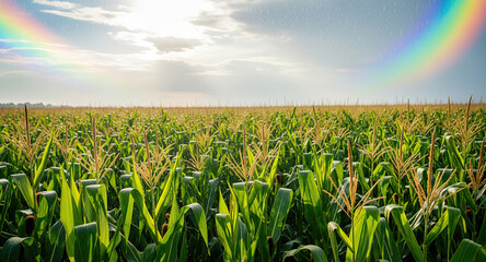 Vast corn field under sky with rainbow after summer rain. Green maize plants with golden tassels stretch across agricultural landscape. Rural farming scene with natural light, clouds, and fresh crops