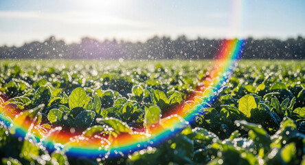 Agricultural irrigation with water spray and rainbow spectrum effect over green crop field. Fresh plant leaves with sparkling droplets, bokeh background, and natural sunlight for sustainable farming,