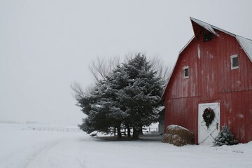Farmhouse in the woods during winter, surrounded by snow-covered trees