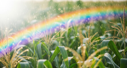 Corn field with rainbow during summer rain. Water droplets on green maize leaves and golden tassels with colorful spectrum light effect. Natural agricultural scene with bokeh and moisture. Rural