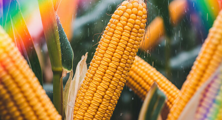 Fresh golden corn cobs with rainbow light effect during rain. Ripe yellow maize kernels with water droplets and colorful spectrum. Natural organic harvest, healthy cereal grain, and agricultural crop.