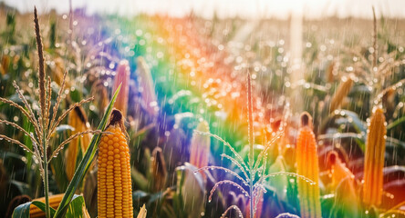 Corn field with rainbow prism effect during rain. Golden maize cob and tassels with water droplets and colorful spectrum bokeh. Agricultural landscape with natural light phenomenon. Rural farming,