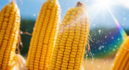 Fresh golden corn cobs with rainbow bokeh effect. Ripe yellow maize kernels ready for harvest. Natural organic farm produce, healthy cereal grain, and agricultural crop. Autumn season, rural farming,