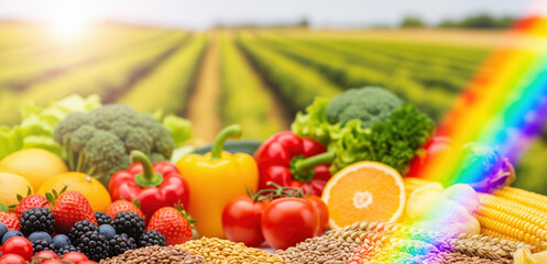 Colorful fresh organic vegetables, fruits, berries, grains, and produce against agricultural field landscape. Healthy nutrition variety includes peppers, tomatoes, broccoli, strawberries, orange, corn