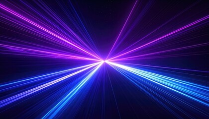 Abstract Light Streaks Of Blue And Purple Glow Converge Towards A Bright Center On A Dark Background With Tiny Particles Floating Creating A Sense Of Speed And Movement