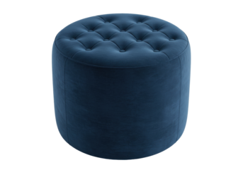 Isolated round upholstered ottoman, blue tufted stool furnishing for modern interiors