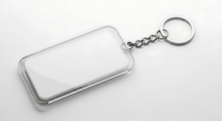 Blank Rectangular Clear Plastic Keychain with Silver Chain and Ring on White Background.